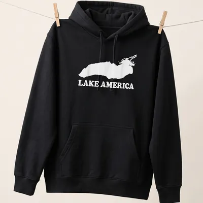 Vintage style t-shirt with 'Lake America' printed in bold lettering — printed on a unisex hoodie