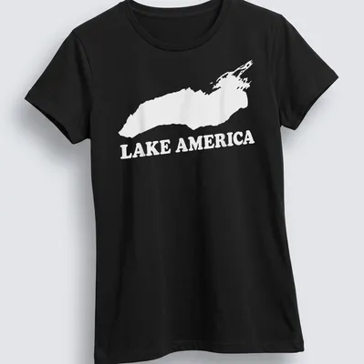 Vintage style t-shirt with 'Lake America' printed in bold lettering — printed on a women's shirt