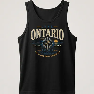 Vintage graphic tee featuring Lake Ontario with compass design — printed on a tank top