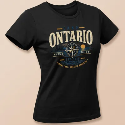 Vintage graphic tee featuring Lake Ontario with compass design — printed on a women's shirt