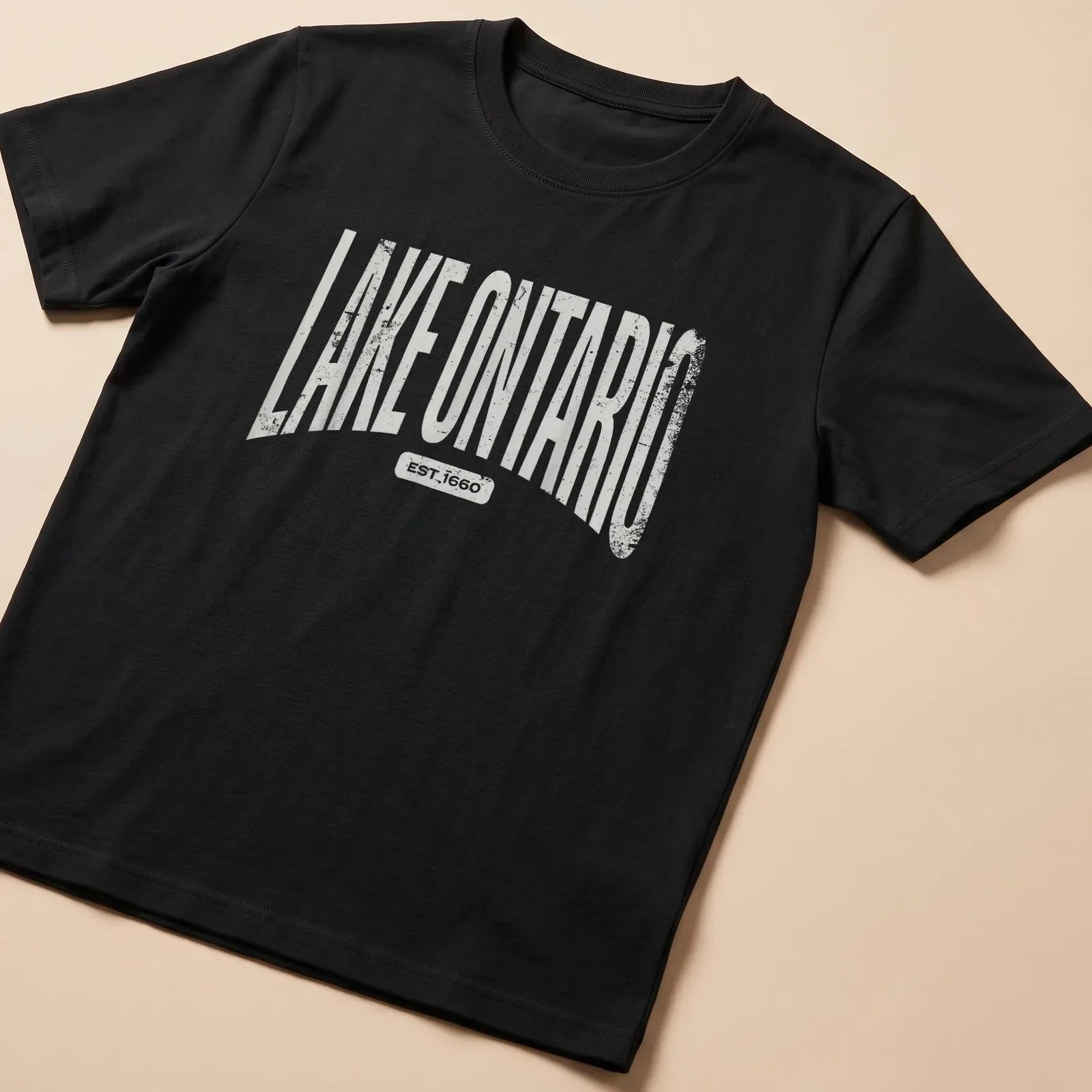 Retro distressed t-shirt with Lake Ontario and year established printed — printed on a unisex t-shirt