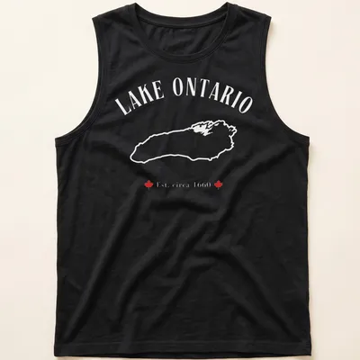 Vintage Lake Ontario map t-shirt with established text in red and white — printed on a tank top