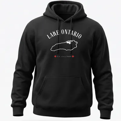 Vintage Lake Ontario map t-shirt with established text in red and white — printed on a unisex hoodie