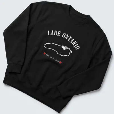 Vintage Lake Ontario map t-shirt with established text in red and white — printed on a unisex sweatshirt