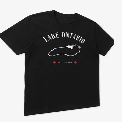 Vintage Lake Ontario map t-shirt with established text in red and white — printed on a unisex t-shirt (angled view)