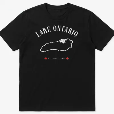Vintage Lake Ontario map t-shirt with established text in red and white