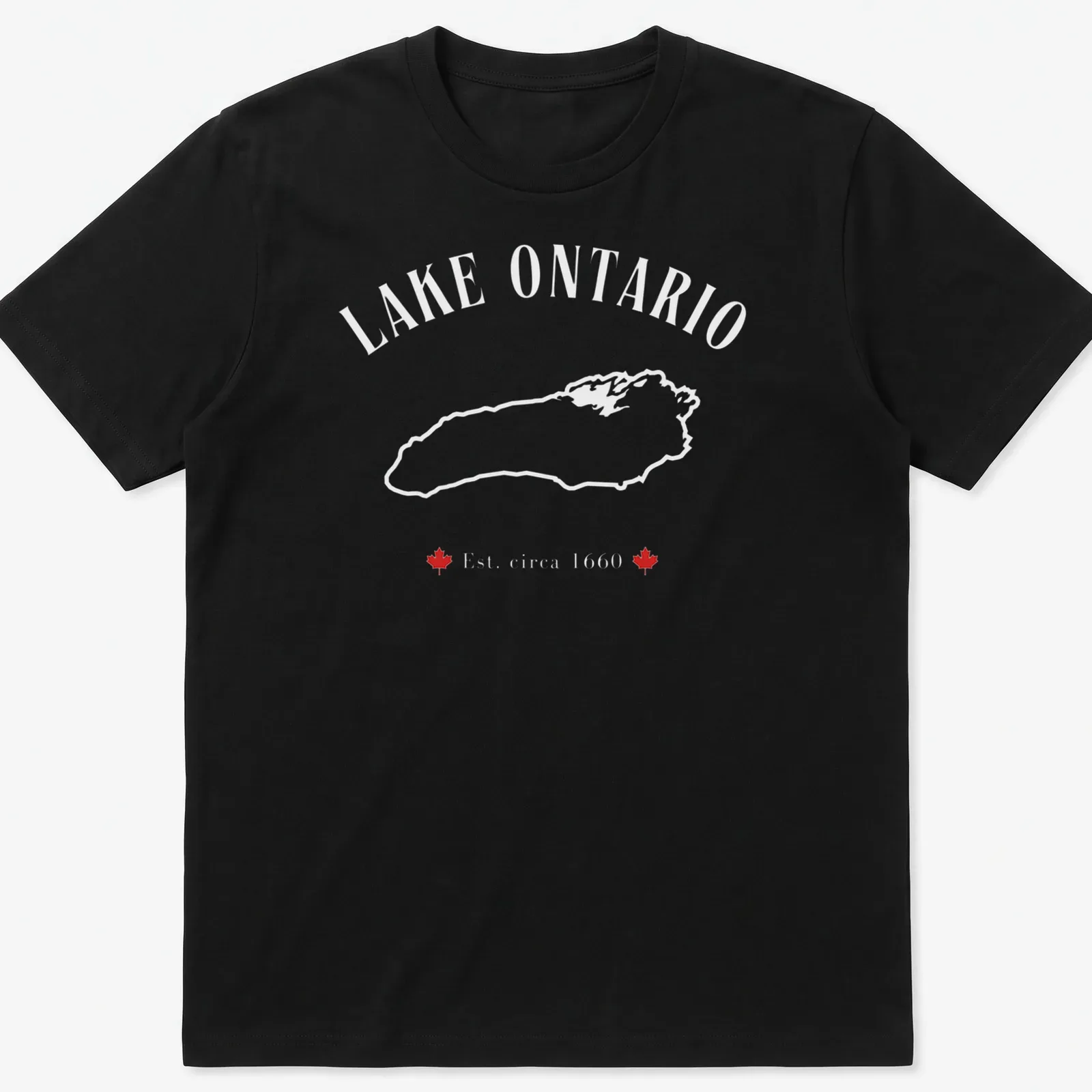 Vintage Lake Ontario map t-shirt with established text in red and white — printed on a unisex t-shirt