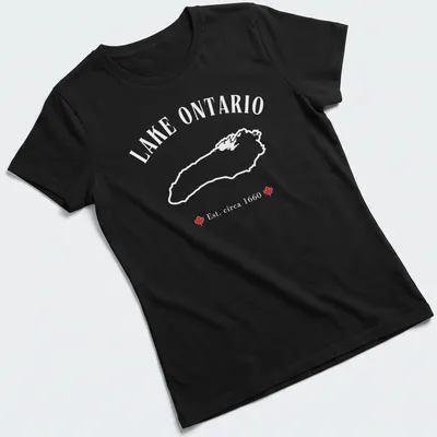 Vintage Lake Ontario map t-shirt with established text in red and white — printed on a women's shirt