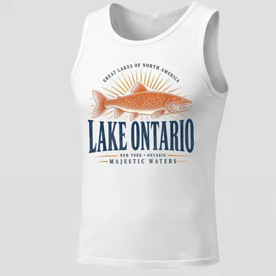Vintage retro print of fish and text celebrating Lake Ontario with orange, blue, and gold colors — printed on a tank top