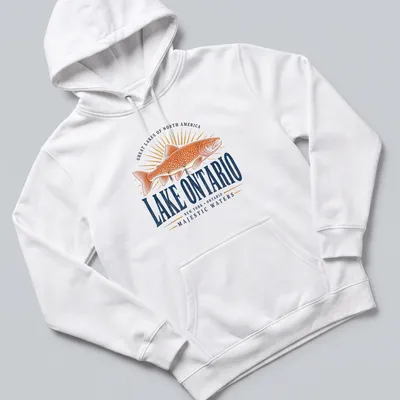 Vintage retro print of fish and text celebrating Lake Ontario with orange, blue, and gold colors — printed on a unisex hoodie