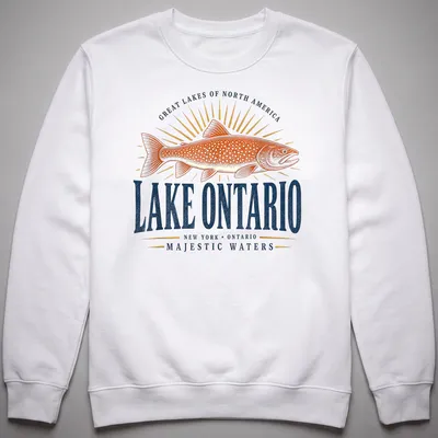 Vintage retro print of fish and text celebrating Lake Ontario with orange, blue, and gold colors — printed on a unisex sweatshirt