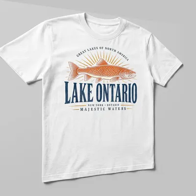 Vintage retro print of fish and text celebrating Lake Ontario with orange, blue, and gold colors — printed on a unisex t-shirt (angled view)