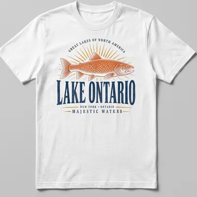 Vintage retro print of fish and text celebrating Lake Ontario with orange, blue, and gold colors