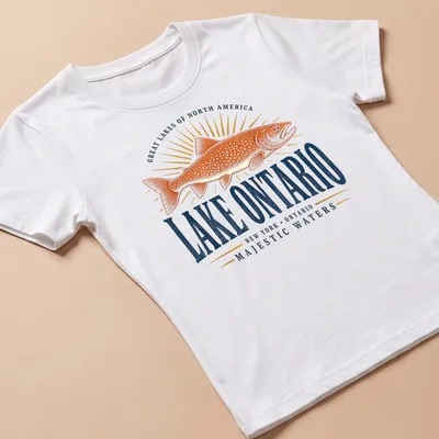 Vintage retro print of fish and text celebrating Lake Ontario with orange, blue, and gold colors — printed on a women's shirt