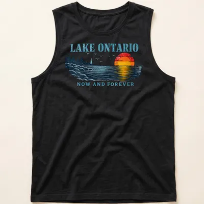 Retro sunset graphic with Lake Ontario text in bold lettering — printed on a tank top