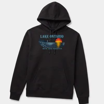 Retro sunset graphic with Lake Ontario text in bold lettering — printed on a unisex hoodie