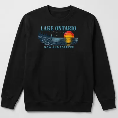 Retro sunset graphic with Lake Ontario text in bold lettering — printed on a unisex sweatshirt