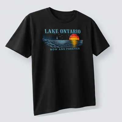 Retro sunset graphic with Lake Ontario text in bold lettering — printed on a unisex t-shirt (angled view)