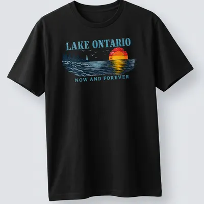 Retro sunset graphic with Lake Ontario text in bold lettering