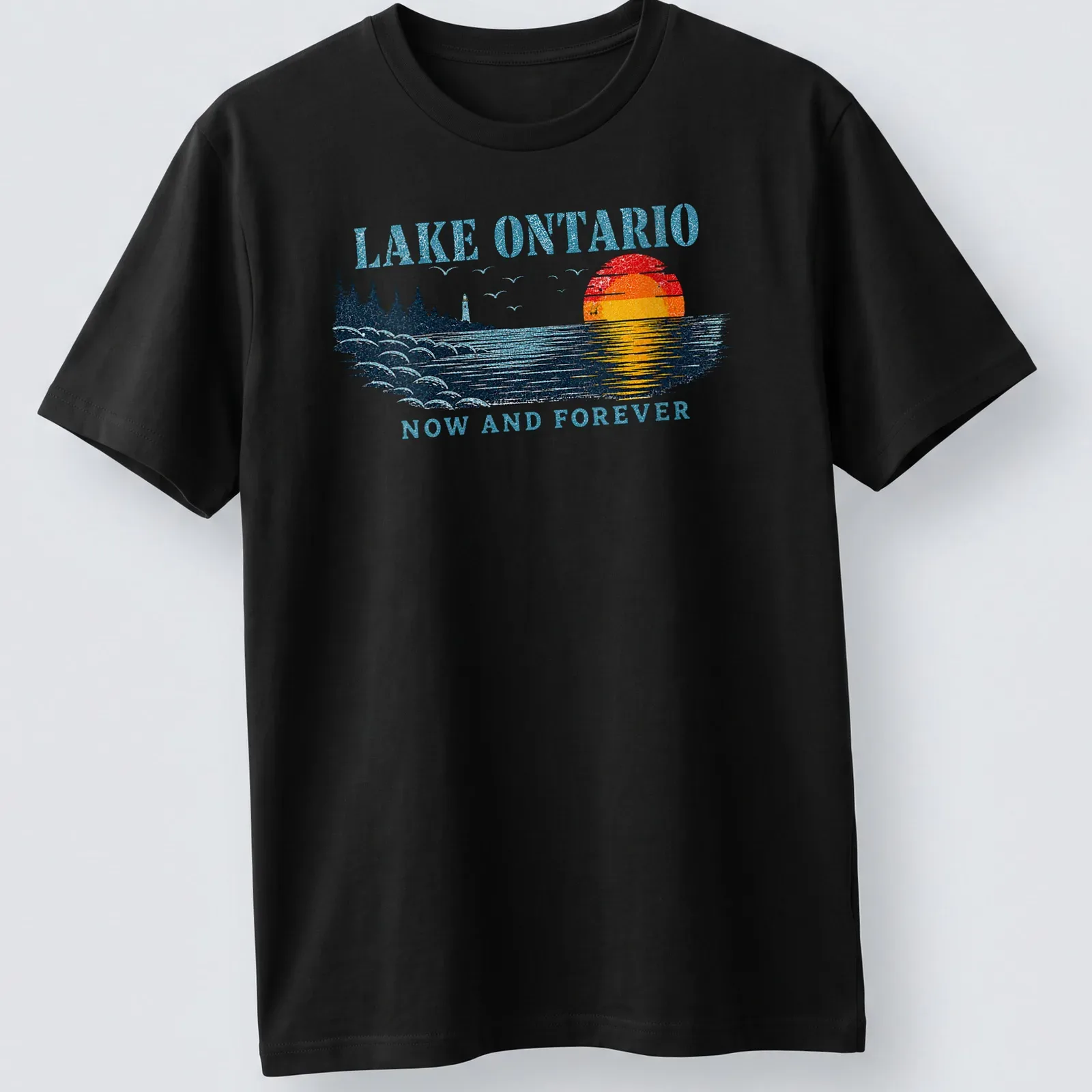 Retro sunset graphic with Lake Ontario text in bold lettering — printed on a unisex t-shirt
