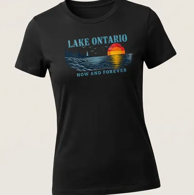 Retro sunset graphic with Lake Ontario text in bold lettering — printed on a women's shirt