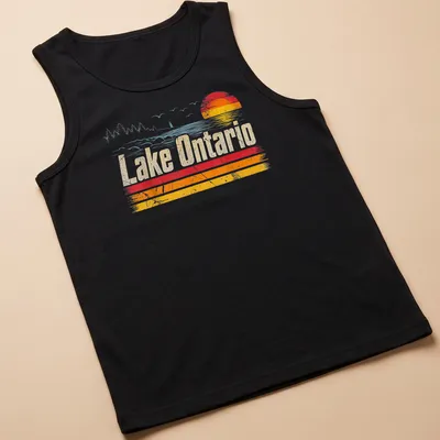 Retro distressed Lake Ontario t-shirt with sunset colors — printed on a tank top