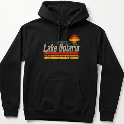 Retro distressed Lake Ontario t-shirt with sunset colors — printed on a unisex hoodie