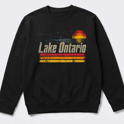 Retro distressed Lake Ontario t-shirt with sunset colors — printed on a unisex sweatshirt