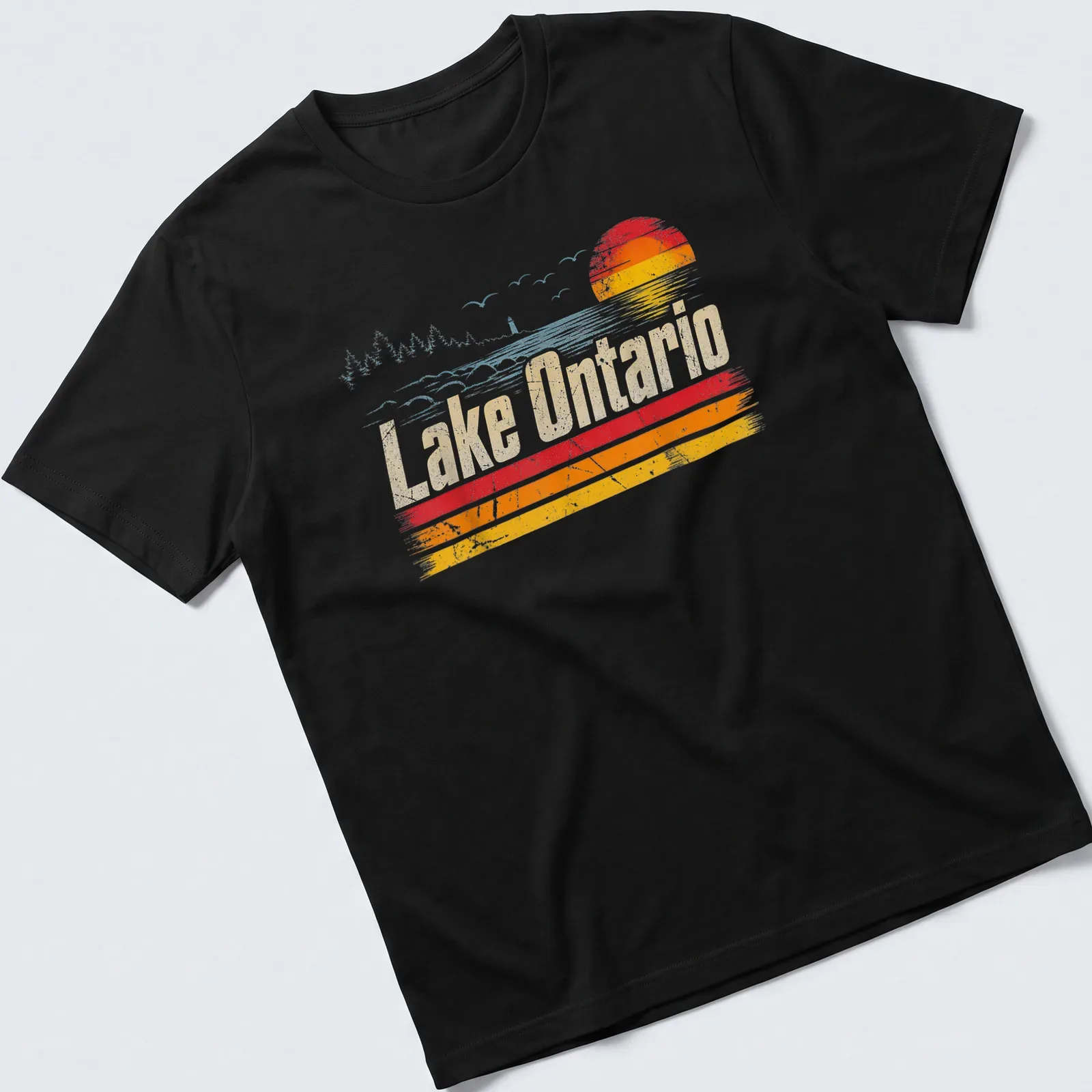 Retro distressed Lake Ontario t-shirt with sunset colors — printed on a unisex t-shirt