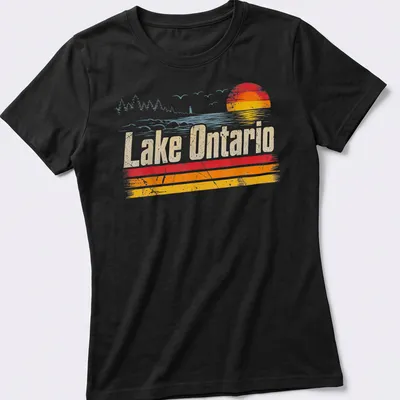 Retro distressed Lake Ontario t-shirt with sunset colors — printed on a women's shirt