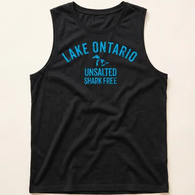 Vintage distressed t-shirt with Lake Ontario graphic and humorous text — printed on a tank top