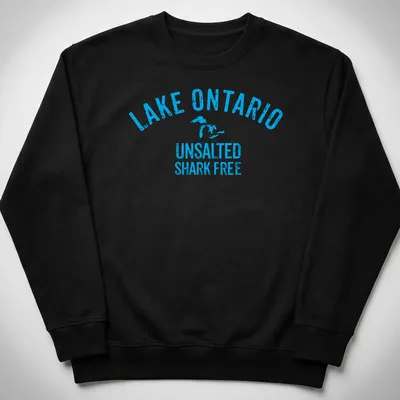 Vintage distressed t-shirt with Lake Ontario graphic and humorous text — printed on a unisex sweatshirt