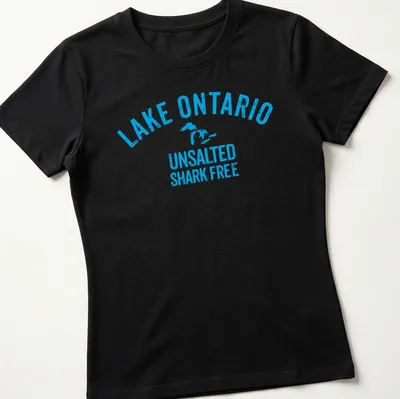 Vintage distressed t-shirt with Lake Ontario graphic and humorous text — printed on a women's shirt