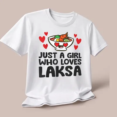 Kawaii T-shirt featuring a bowl of laksa with the text 'Just a Girl Who Loves Laksa' — printed on a unisex t-shirt (angled view)