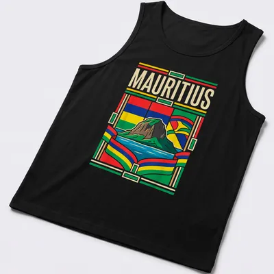 Retro illustration of Le Morne Brabant Island with the word 'MAURITIUS' — printed on a tank top