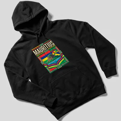 Retro illustration of Le Morne Brabant Island with the word 'MAURITIUS' — printed on a unisex hoodie