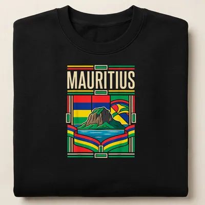 Retro illustration of Le Morne Brabant Island with the word 'MAURITIUS' — printed on a unisex sweatshirt
