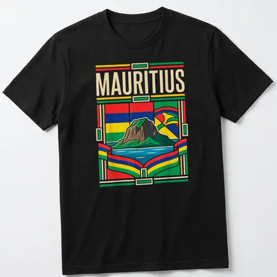 Retro illustration of Le Morne Brabant Island with the word 'MAURITIUS' — printed on a unisex t-shirt