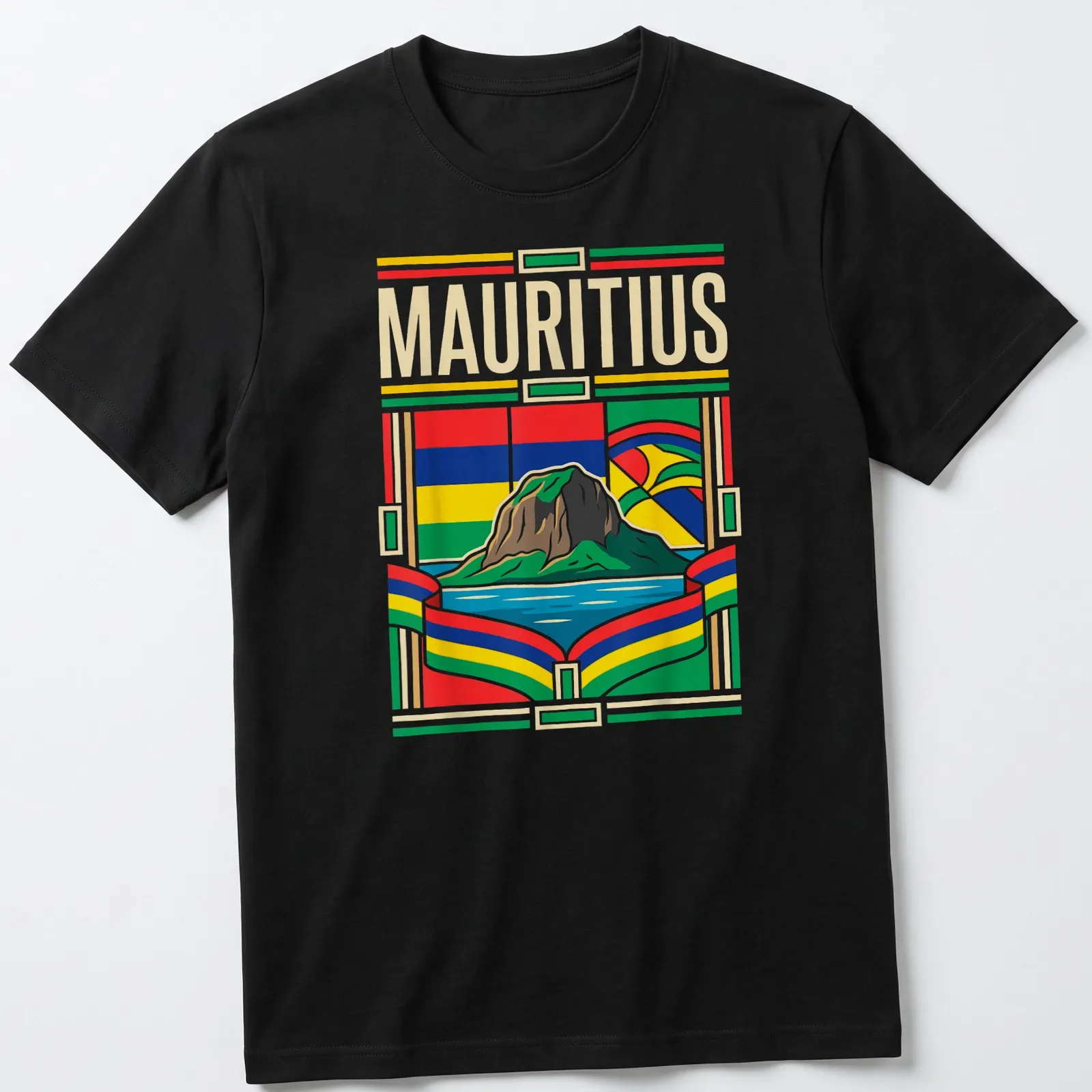 Retro illustration of Le Morne Brabant Island with the word 'MAURITIUS' — printed on a unisex t-shirt