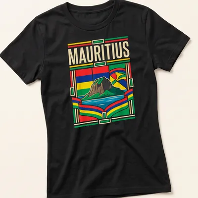Retro illustration of Le Morne Brabant Island with the word 'MAURITIUS' — printed on a women's shirt