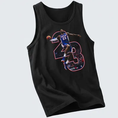 Dynamic illustration of LeBron James with 'PHILA 23' printed in blue, red, and white. — printed on a tank top