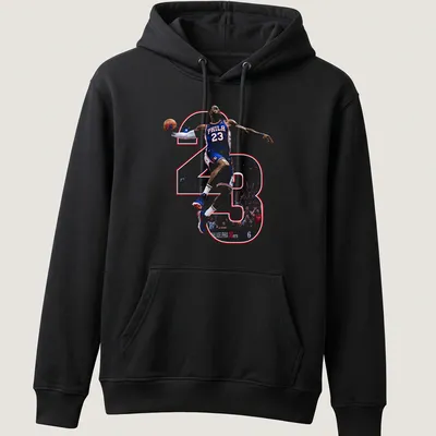 Dynamic illustration of LeBron James with 'PHILA 23' printed in blue, red, and white. — printed on a unisex hoodie