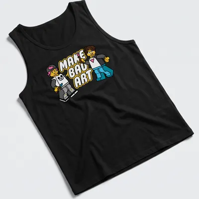 Cartoon design with LEGO characters and the phrase Make Bad Art in bright colors — printed on a tank top