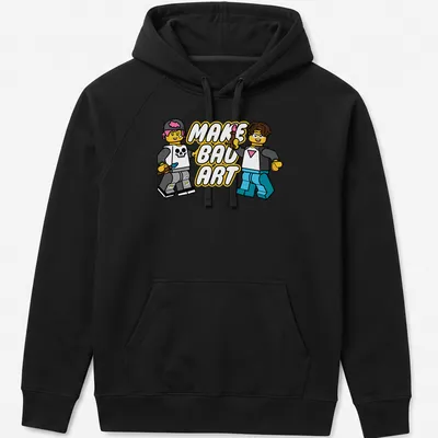 Cartoon design with LEGO characters and the phrase Make Bad Art in bright colors — printed on a unisex hoodie