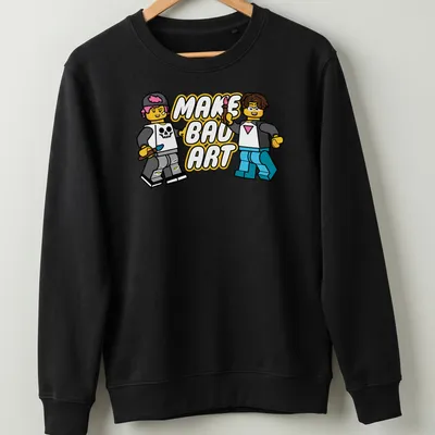 Cartoon design with LEGO characters and the phrase Make Bad Art in bright colors — printed on a unisex sweatshirt