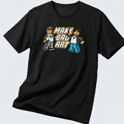 Cartoon design with LEGO characters and the phrase Make Bad Art in bright colors