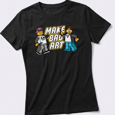 Cartoon design with LEGO characters and the phrase Make Bad Art in bright colors — printed on a women's shirt