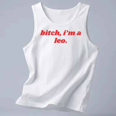 Bold typography Leo Zodiac sign t-shirt with red text — printed on a tank top