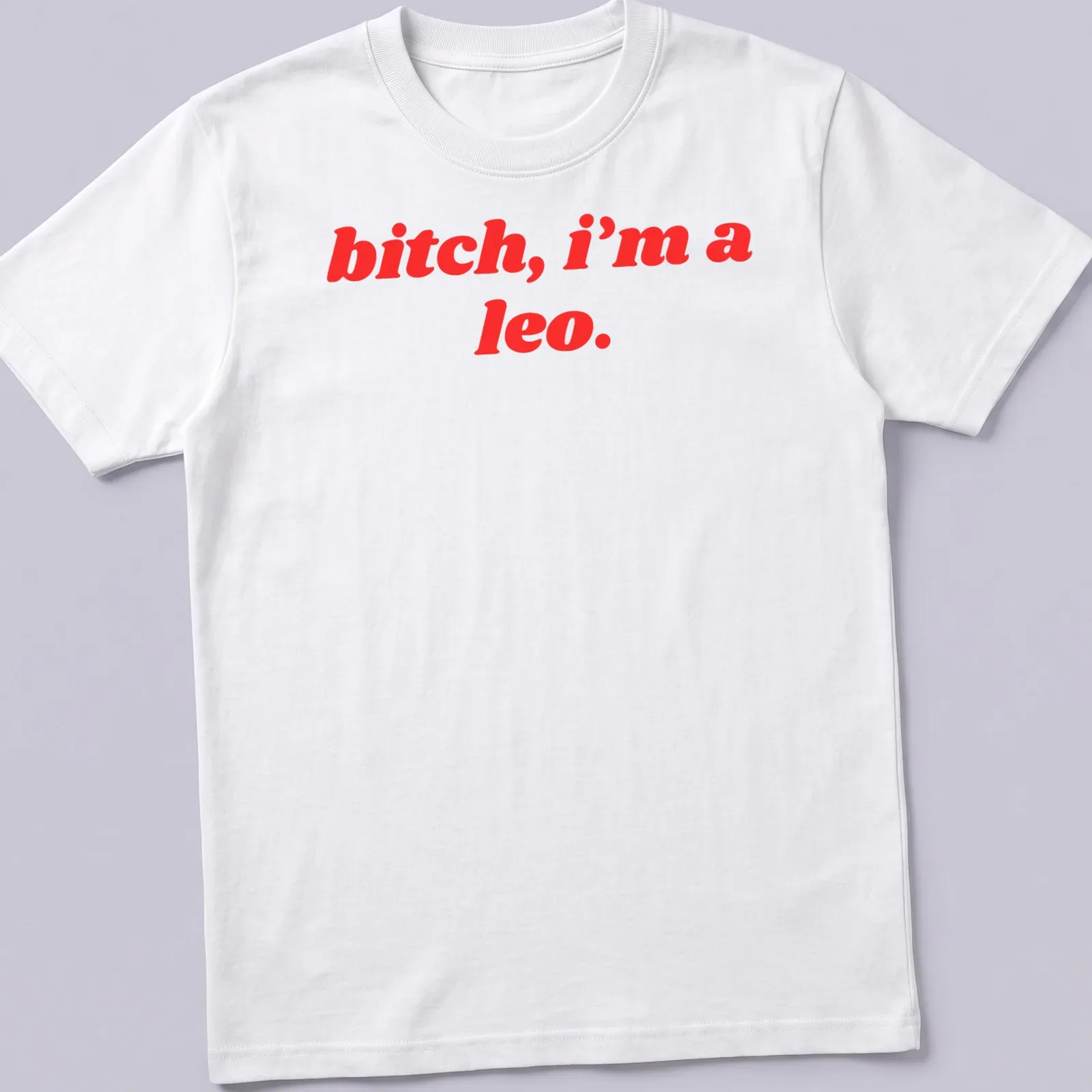 Bold typography Leo Zodiac sign t-shirt with red text — printed on a unisex t-shirt