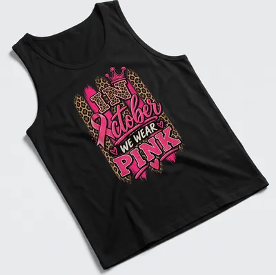Bold typography and leopard print design with crown in pink and gold — printed on a tank top